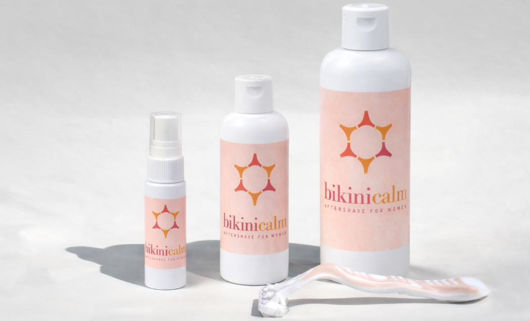 Three sizes of bikini calm post shave relief and a razor.